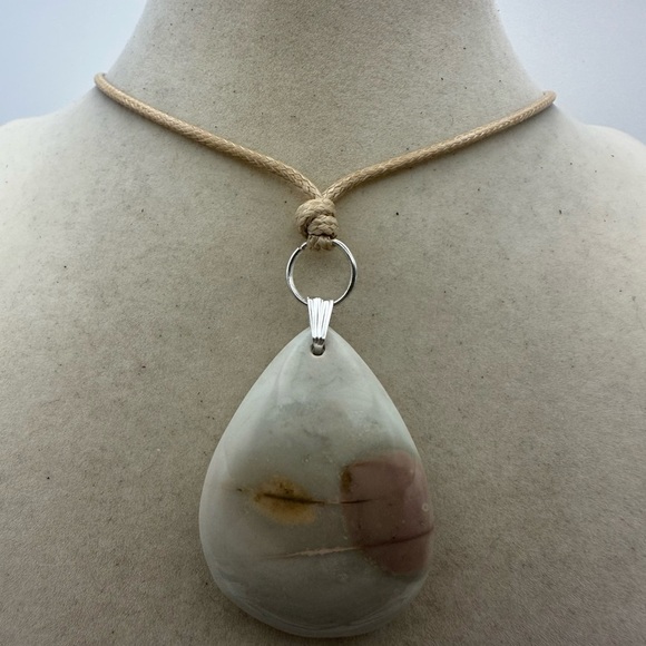 Light Polychrome Jasper Pendant Necklace on Tan Adjustable Rope - Picture 4 of 8